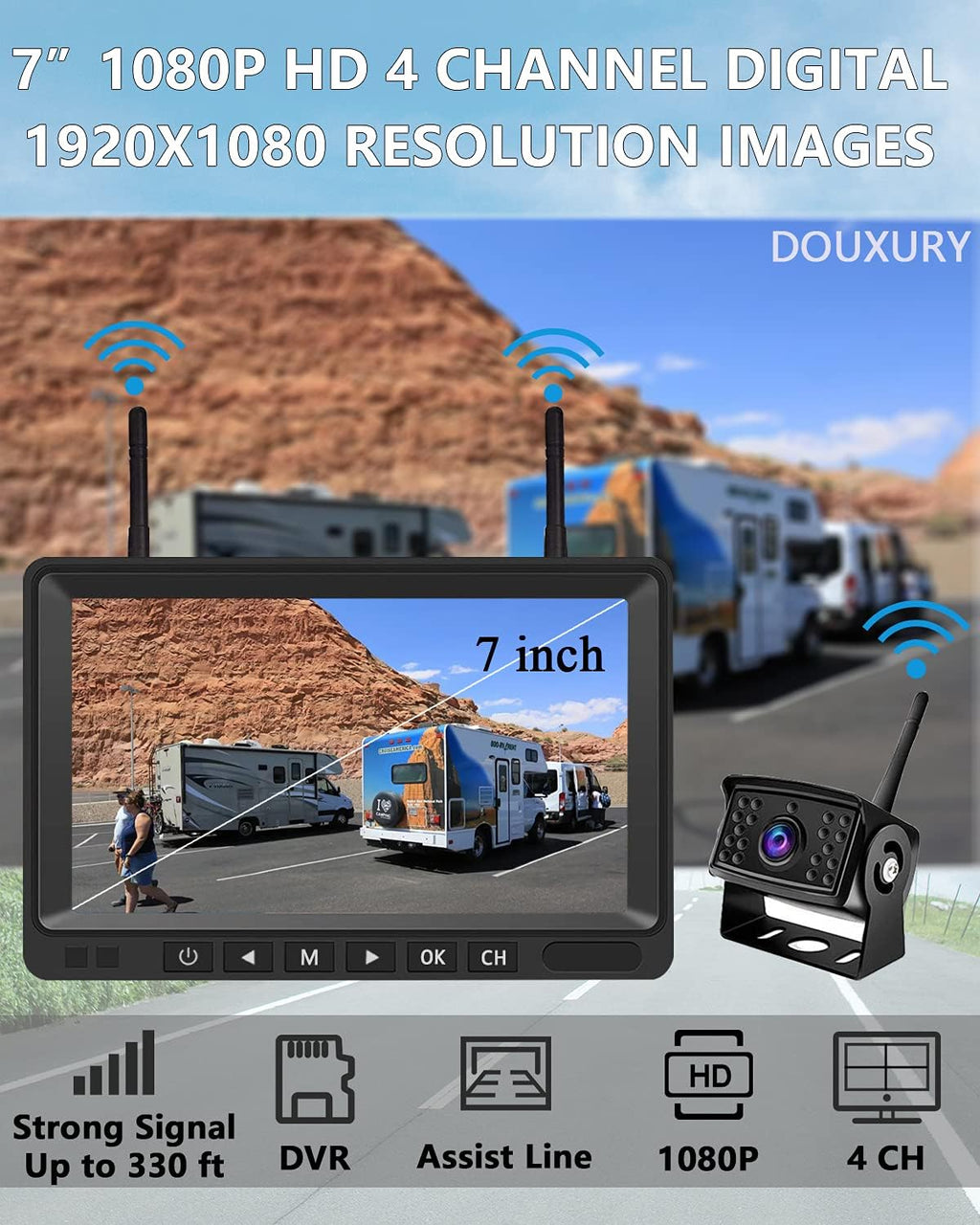 Wireless Backup Camera IP69 Waterproof 170° Wide View Angle HD 1080P with 7 Monitor U2938