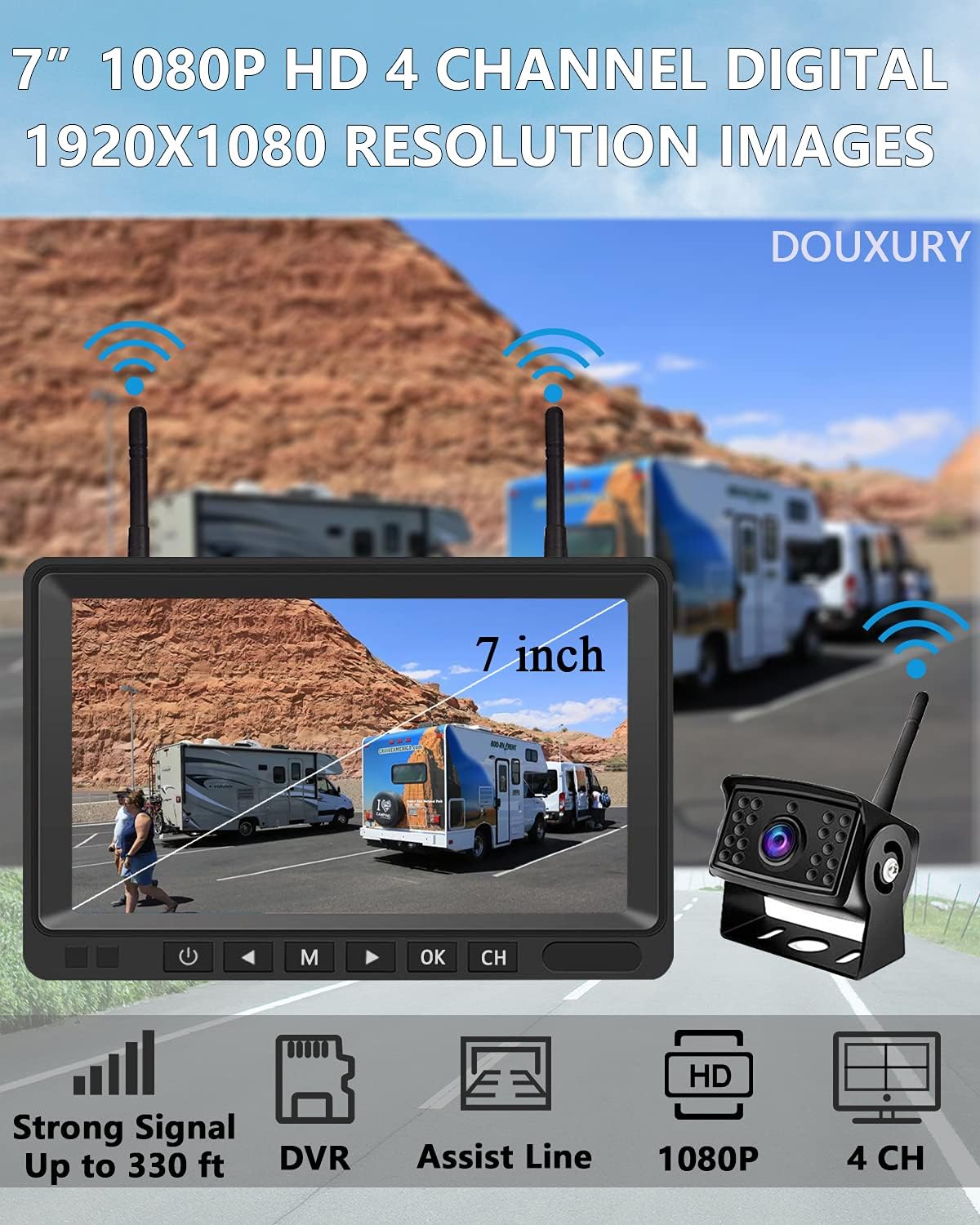 Wireless Backup Camera IP69 Waterproof 170° Wide View Angle HD 1080P with 7 Monitor U2938