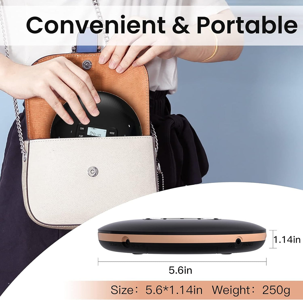 Black Portable CD Player with Headphones USB AUX Output K3580
