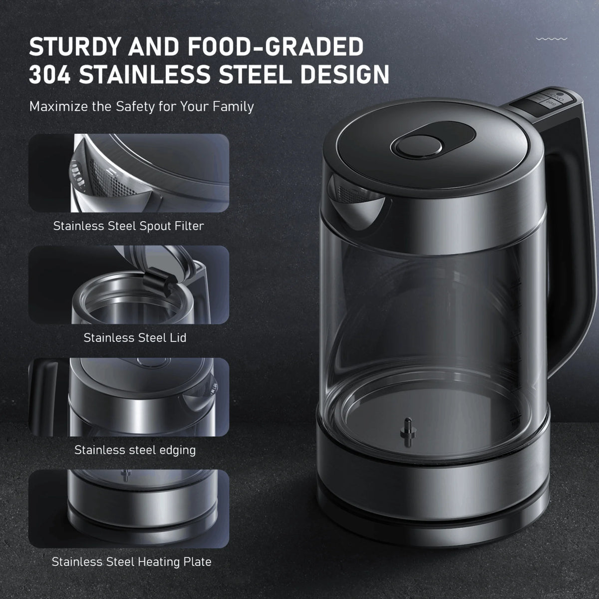 Silver Electric Kettle 1.7L 1500W Glass Y6055
