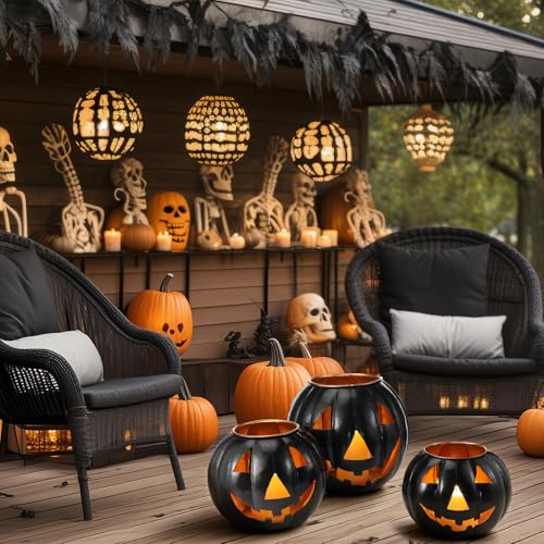 3 Sets Halloween Metal Jack O Lanterns Pumpkin with 3 LED Candles with Black Creepy Cloth Decoration Bundle L45567