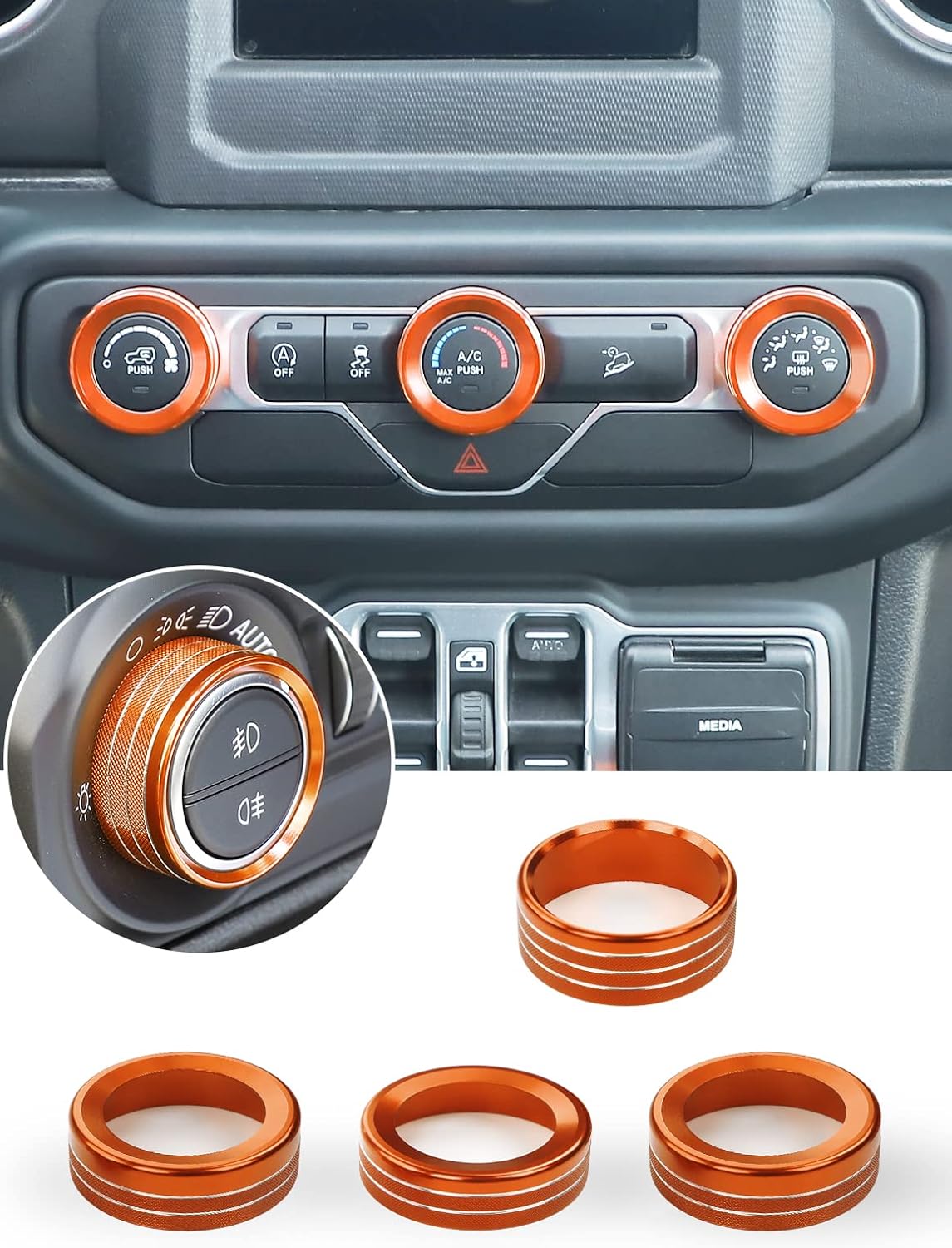 HVAC Climate Control Panel Knob Trim Kit & Light Control Switch Cover, Aluminum Alloy Ring I69996