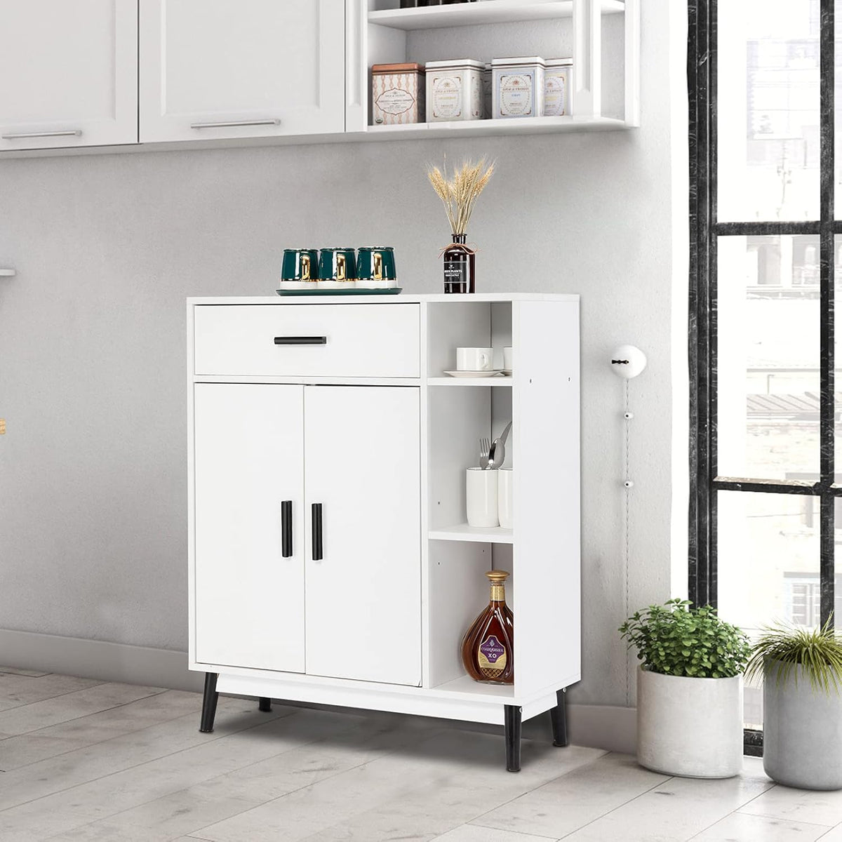 White Accent Buffet Cabinet with Open Shelves and Doors U291859