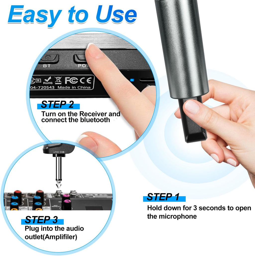 Wireless Handheld Dynamic Cordless Microphone with Rechargeable Bluetooth Receiver, UHF 200 FT Range, 6.5mm/3.5mm Output M9405