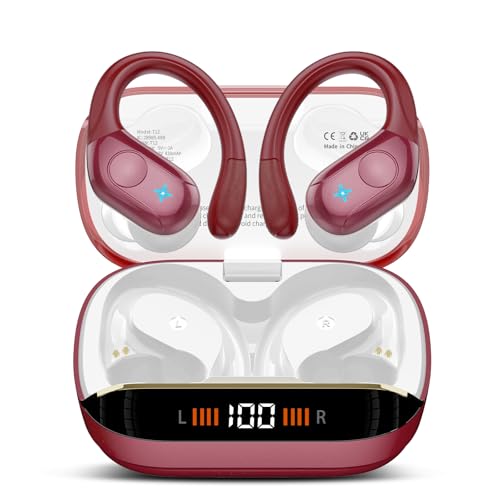 Wireless Bluetooth 5.4 Earbuds with Earhooks, 75H Deep Bass, 4 ENC Mic, IP7 Waterproof, Red V6004