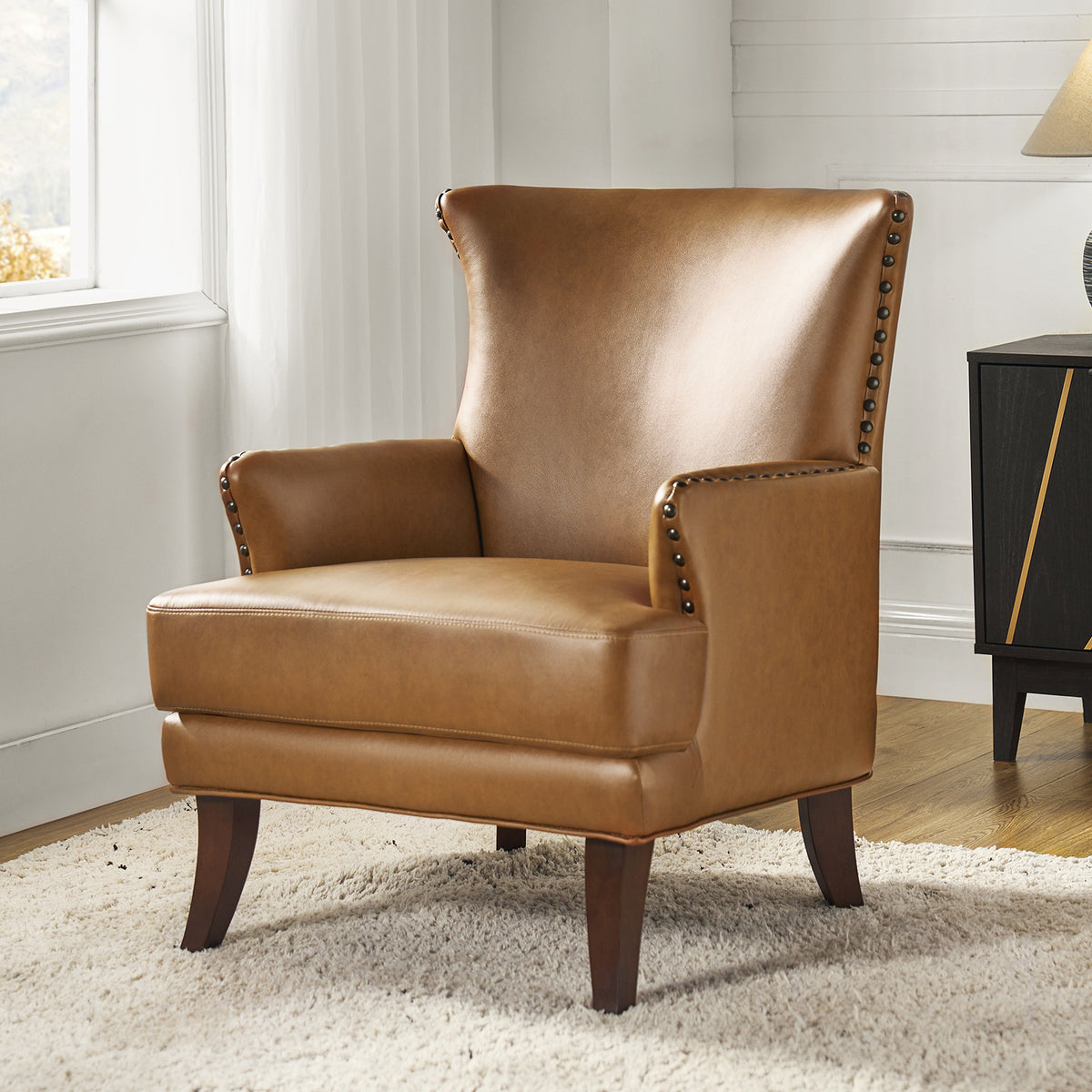 Camel Leather Upholstered Accent Chair Wood Leg X277894