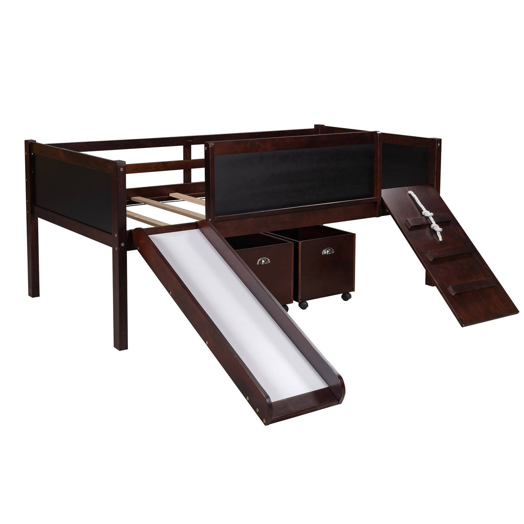 Espresso Pine Wood Twin Loft Bed with 2 Storage Boxes S642837