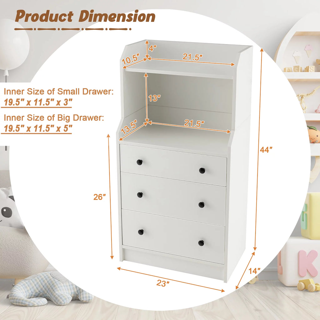 White 3 Drawer Wood Dresser with 2 Open Shelves Q288