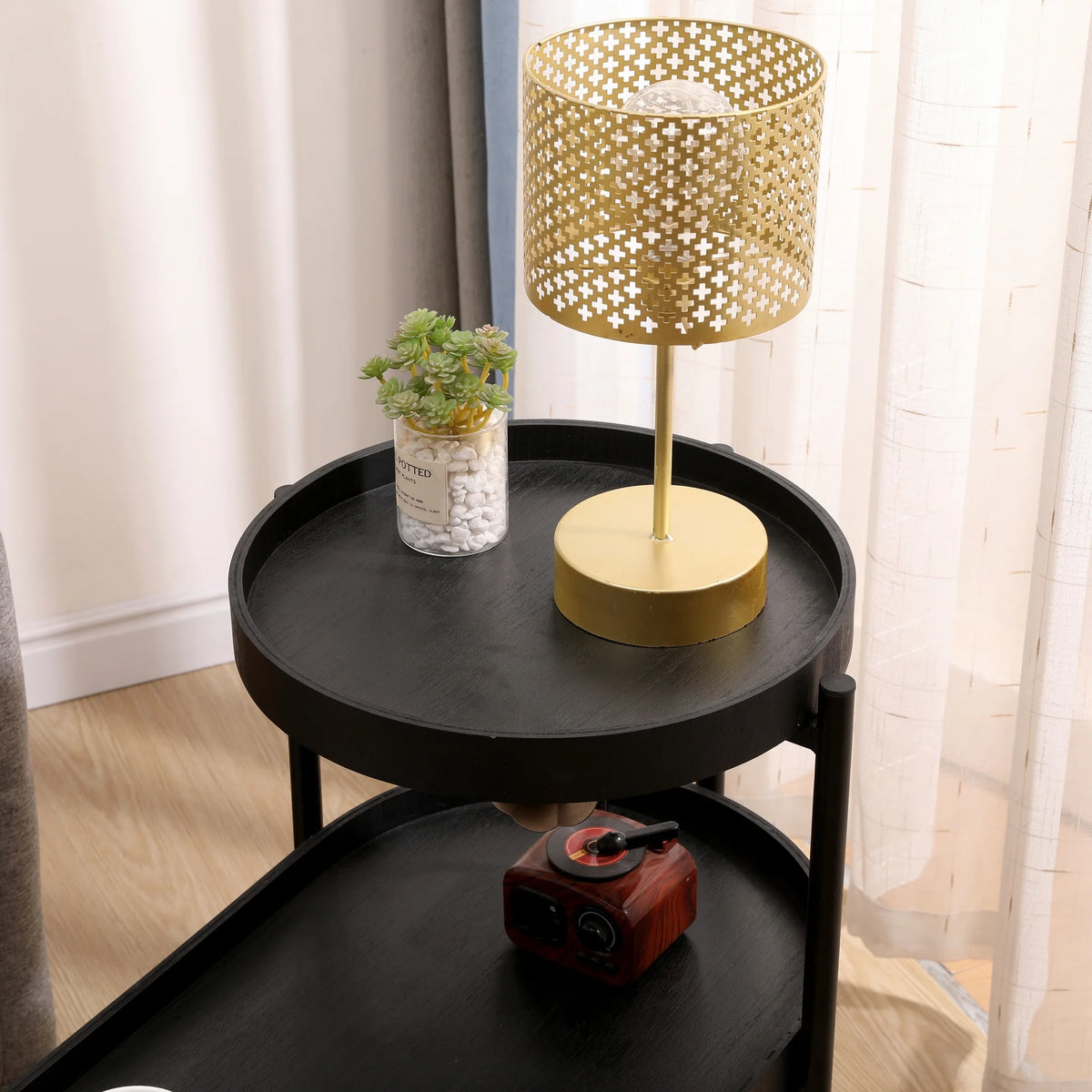 Black 2-Tier Side Table with Storage Y822
