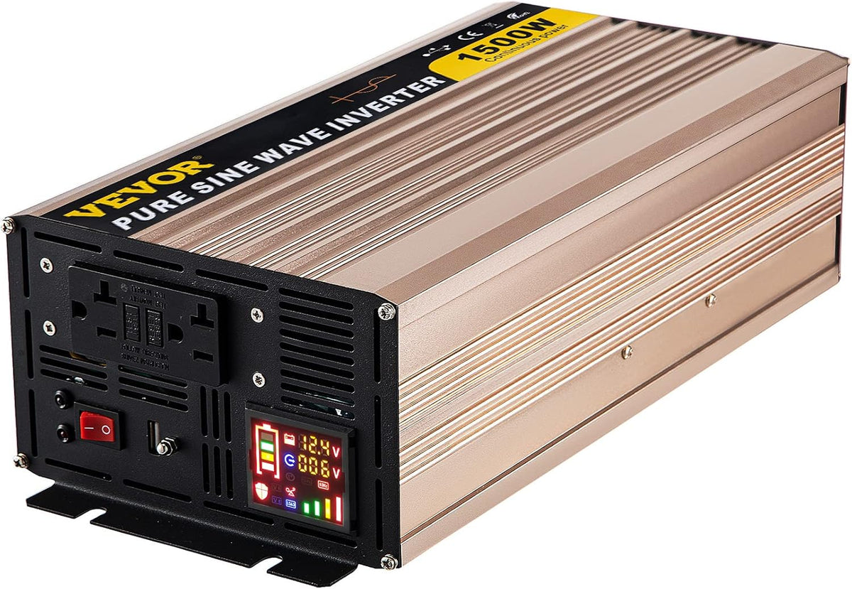 1500 Watt Pure Sine Wave Power Inverter, DC 12V to AC 110V, with LCD Display, 5V USB Port, AC Outlets (GFCI) C697