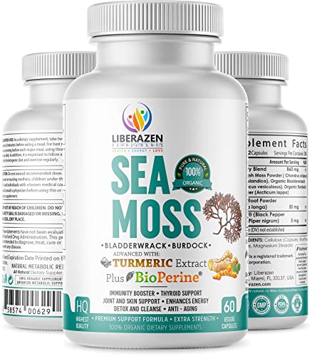 Organic Irish Sea Moss Pills with Turmeric, Burdock Root & Bladderwrack - 60 Capsules B1335