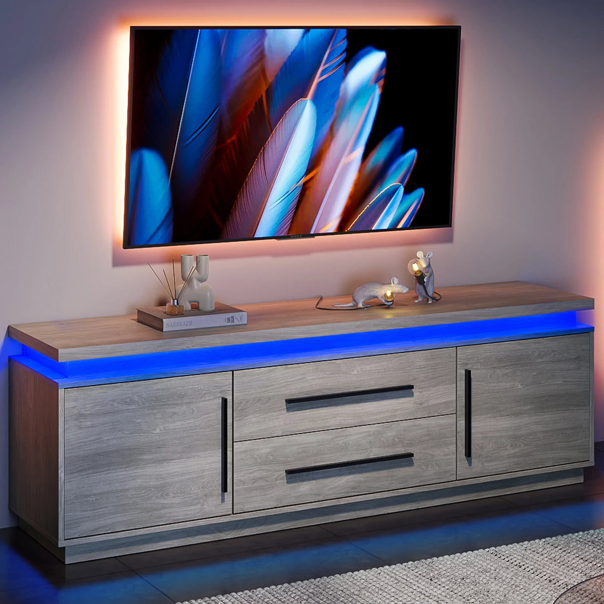 67" TV Stand with LED Lights and Cabinets V627