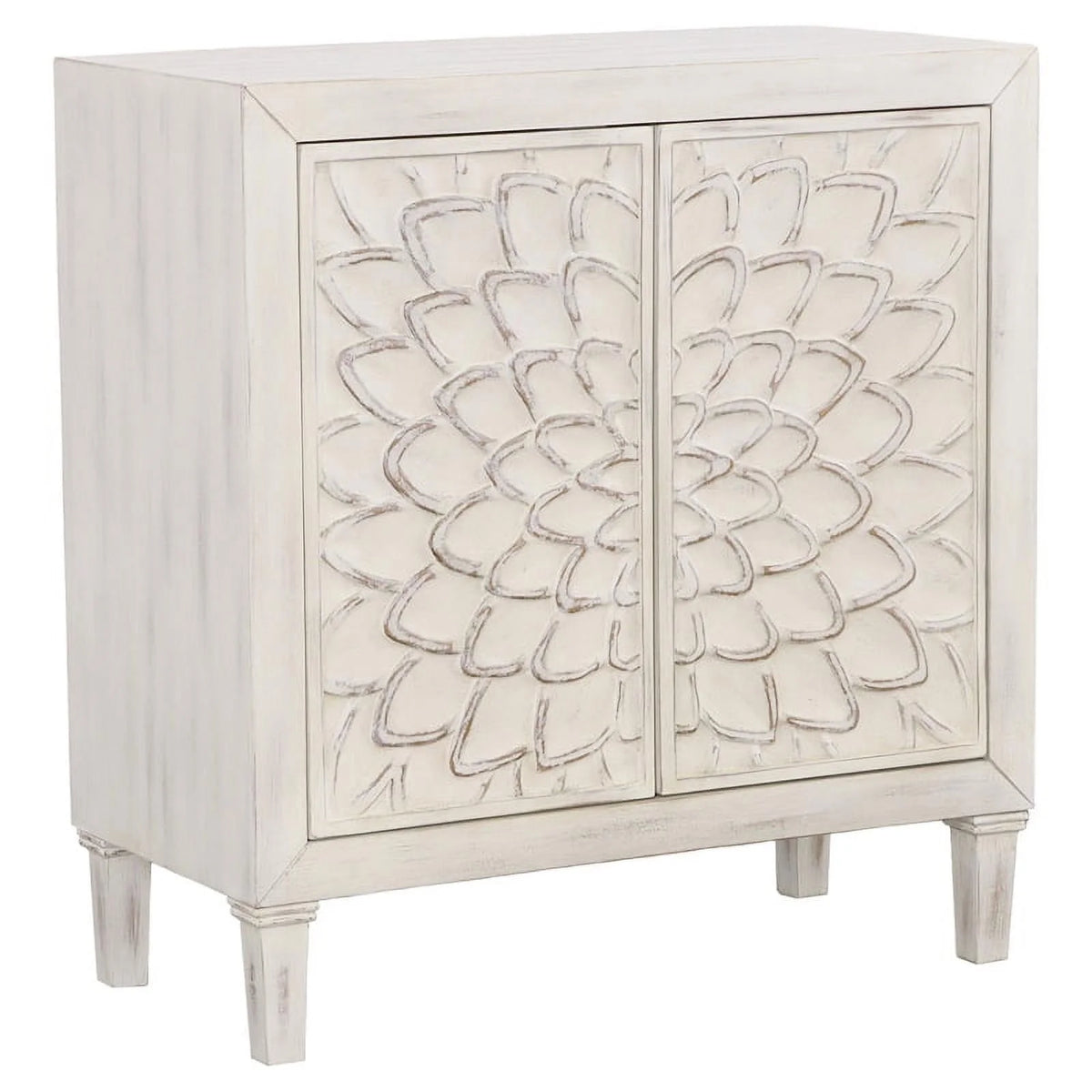 White Wood Accent Cabinet with Floral Carved Door E7103