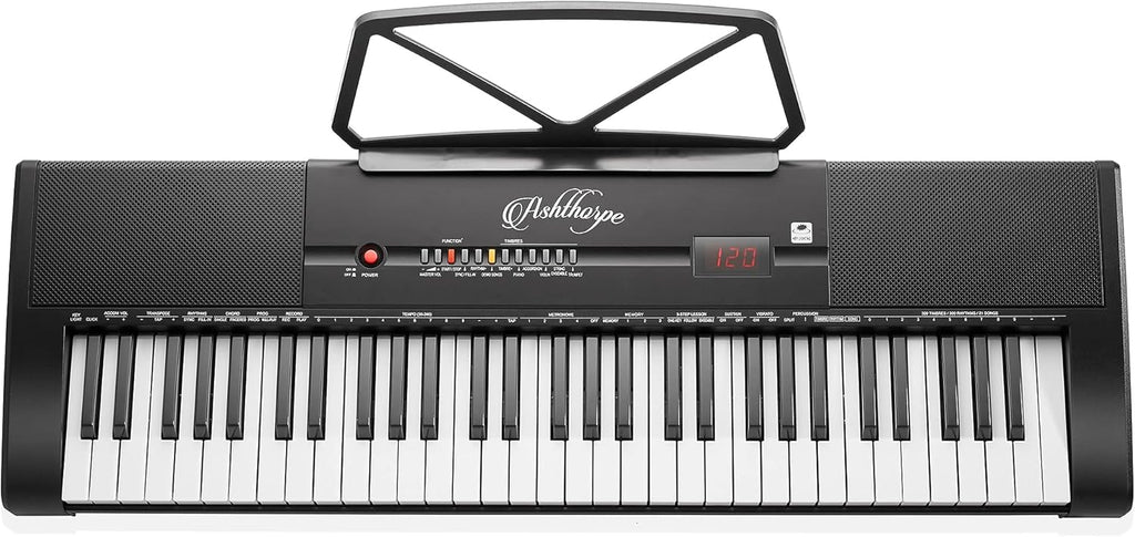 61-Key Digital Electronic Keyboard Piano with Light Up Keys, Stand, Bench, Headphones, Mic and Keynote Stickers M838559