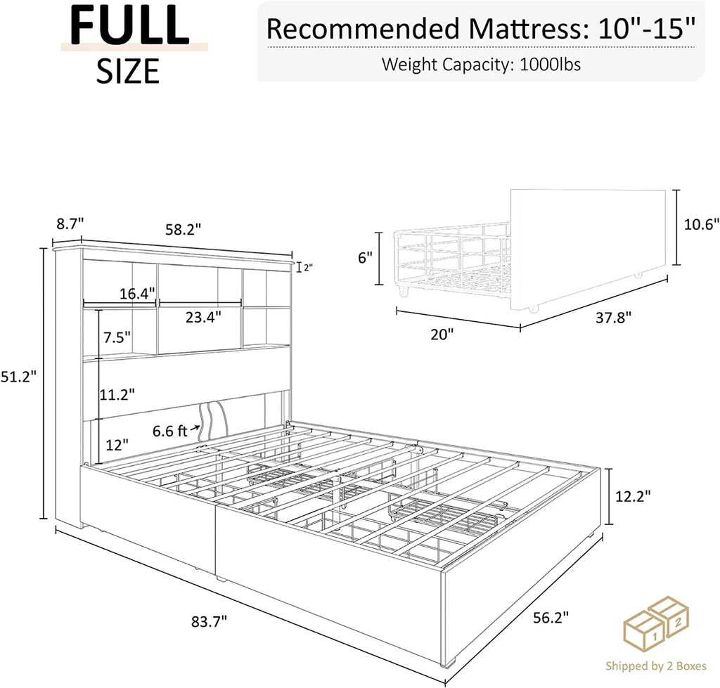 Full Size Wooden Platform Bed with Storage Bookcase Headboard I70341