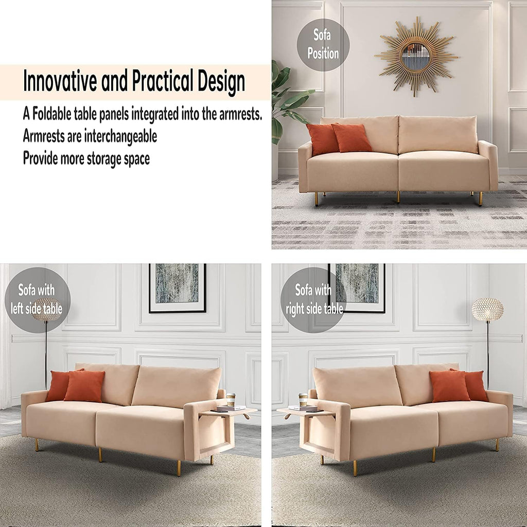Beige Fabric Loveseat Couch with Removable Tray and Adjustable Metal Legs O33253