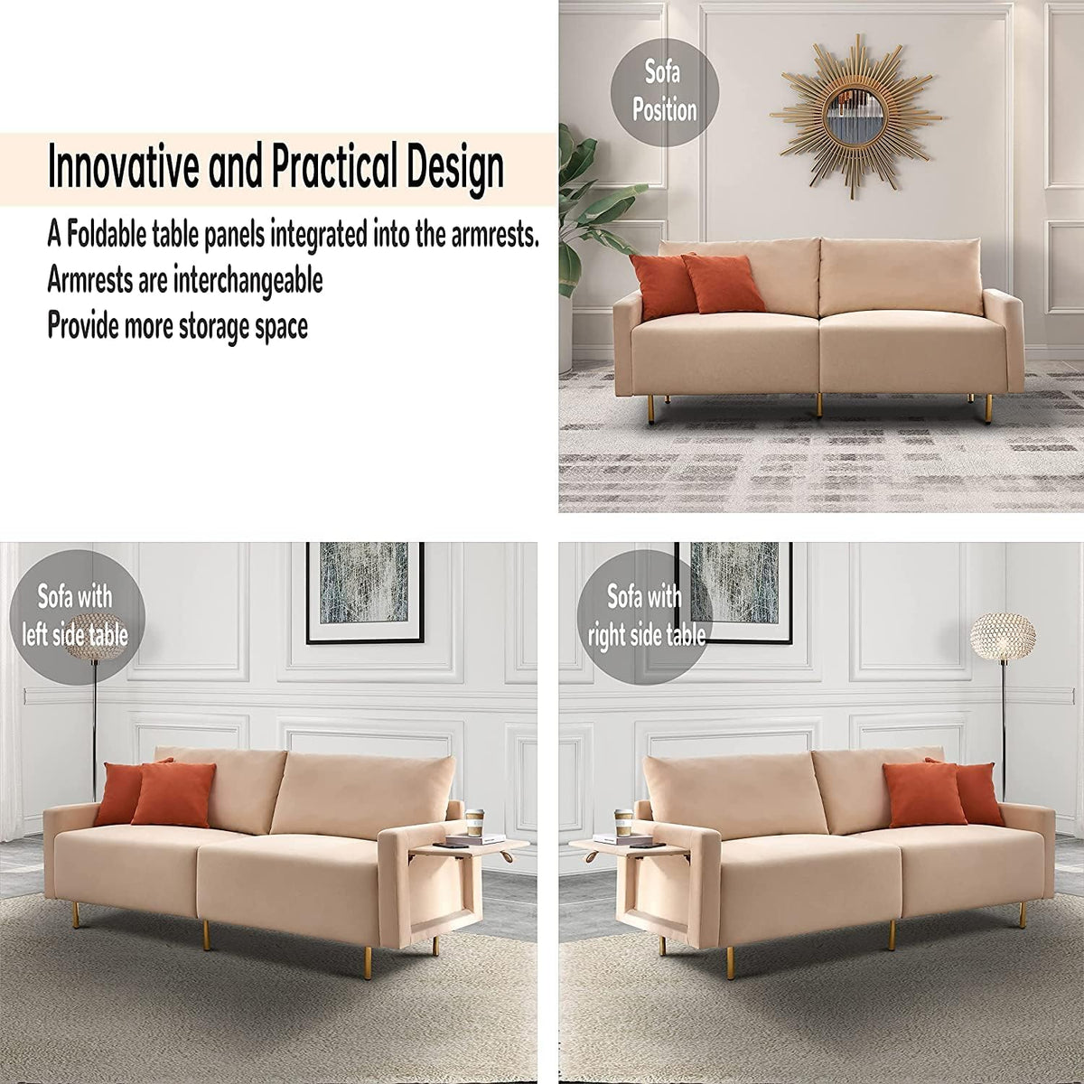 Beige Fabric Loveseat Couch with Removable Tray and Adjustable Metal Legs O33253