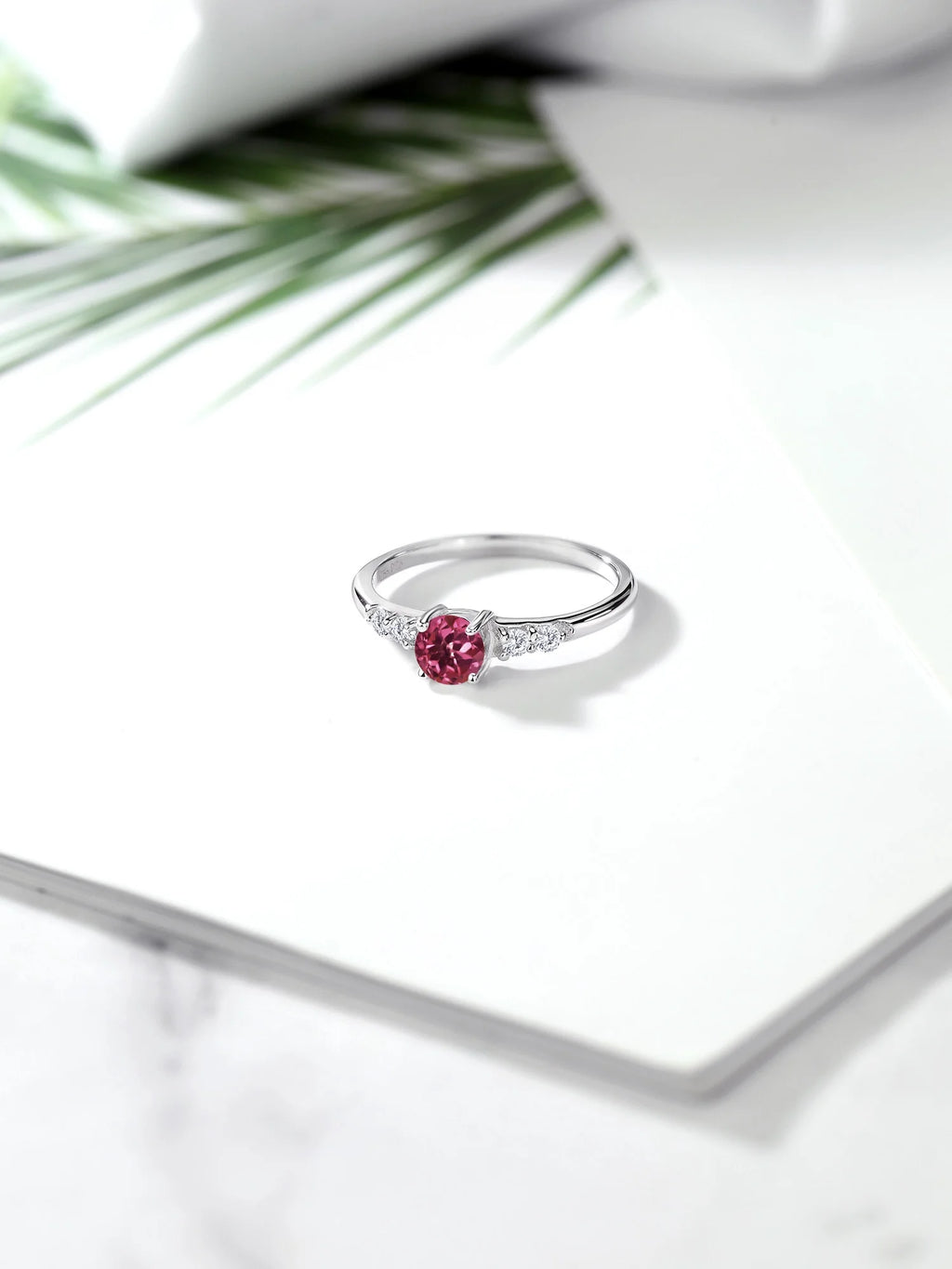 0.65 Ct Round Pink Tourmaline Lab Grown Diamond 925 Sterling Silver Ring B58072