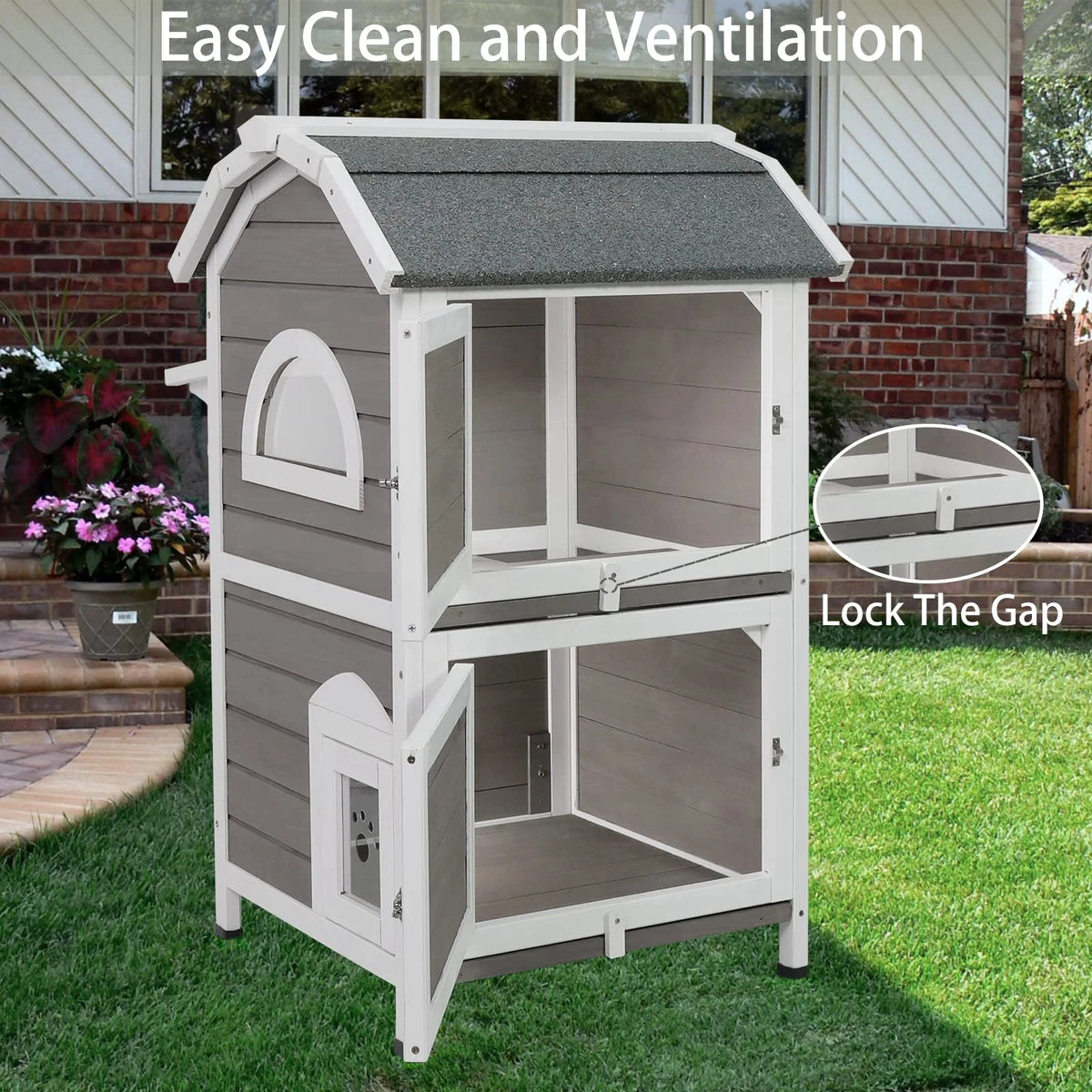 Weatherproof Two Story Wooden Outdoor Cat House Y3963