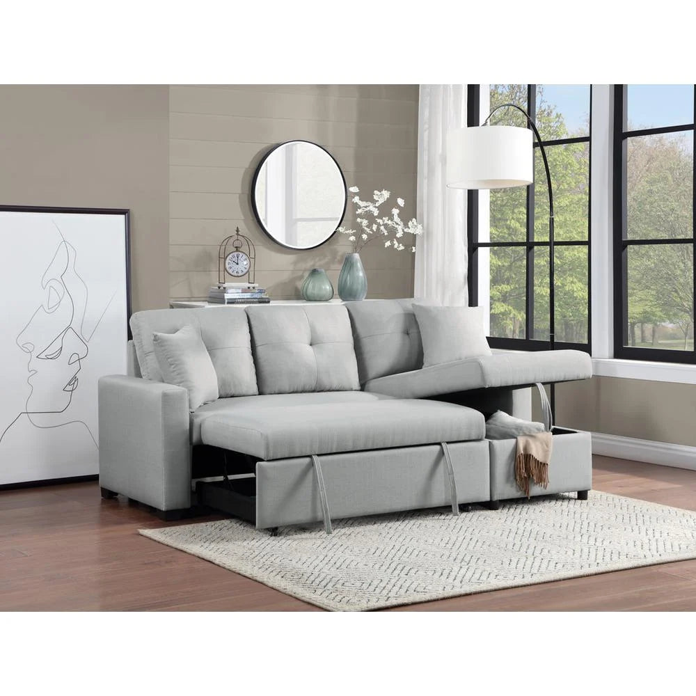 Gray Linen Reversible Sleeper Sectional Sofa with Storage Chaise A6272