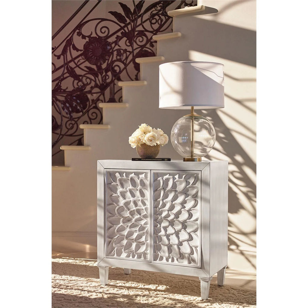 White Wood Accent Cabinet with Floral Carved Door E7103