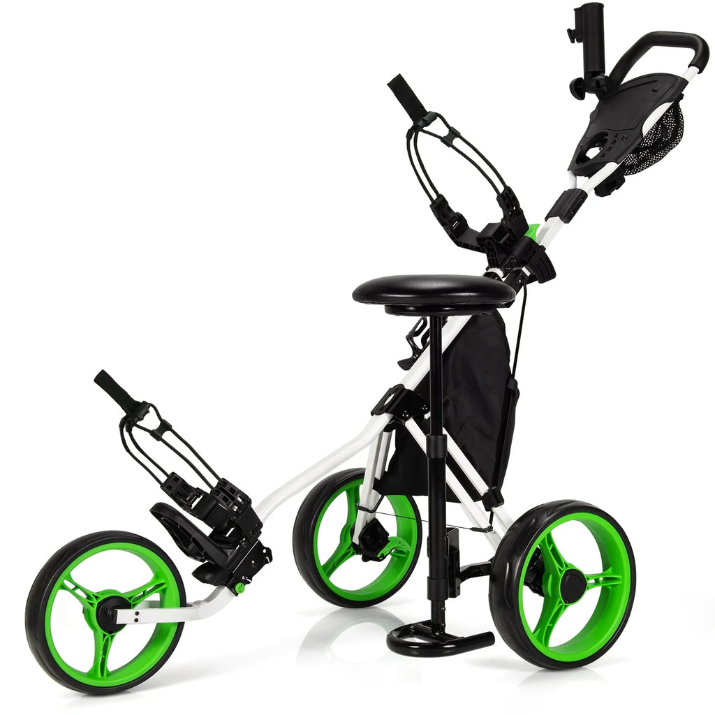 Folding 3 Wheels Golf Push Cart with Seat Blue P74565