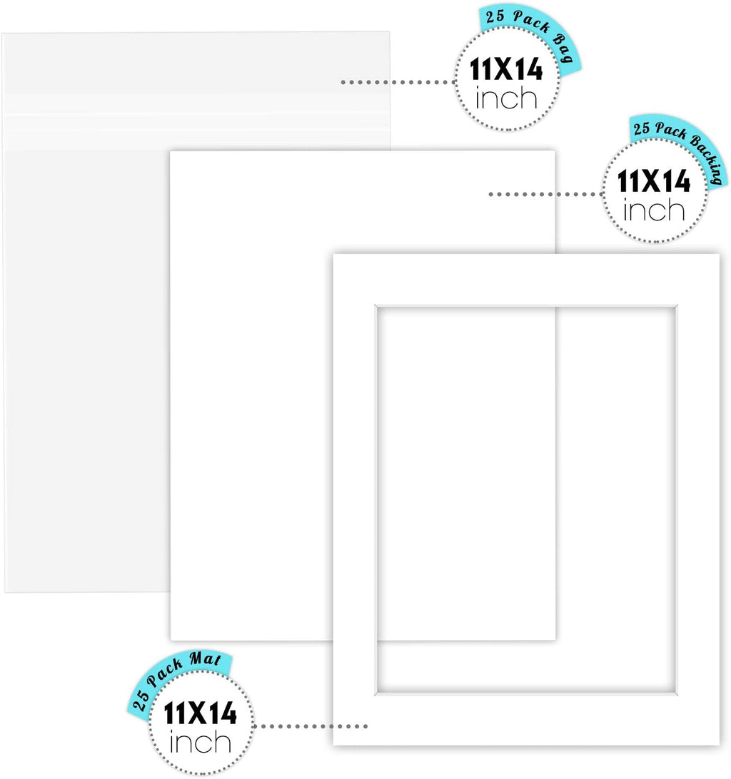11x14 White Picture Mat Set with Backing Board & Clear Bags T3012