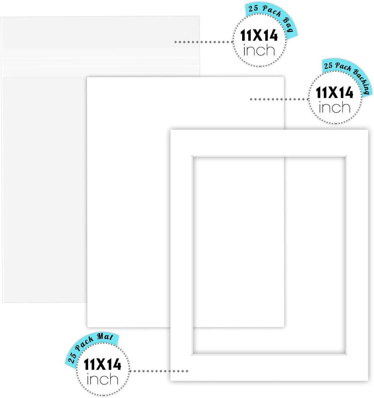 11x14 White Picture Mat Set with Backing Board & Clear Bags T3012