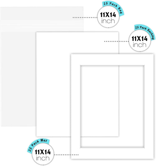 11x14 White Picture Mat Set with Backing Board & Clear Bags T3012