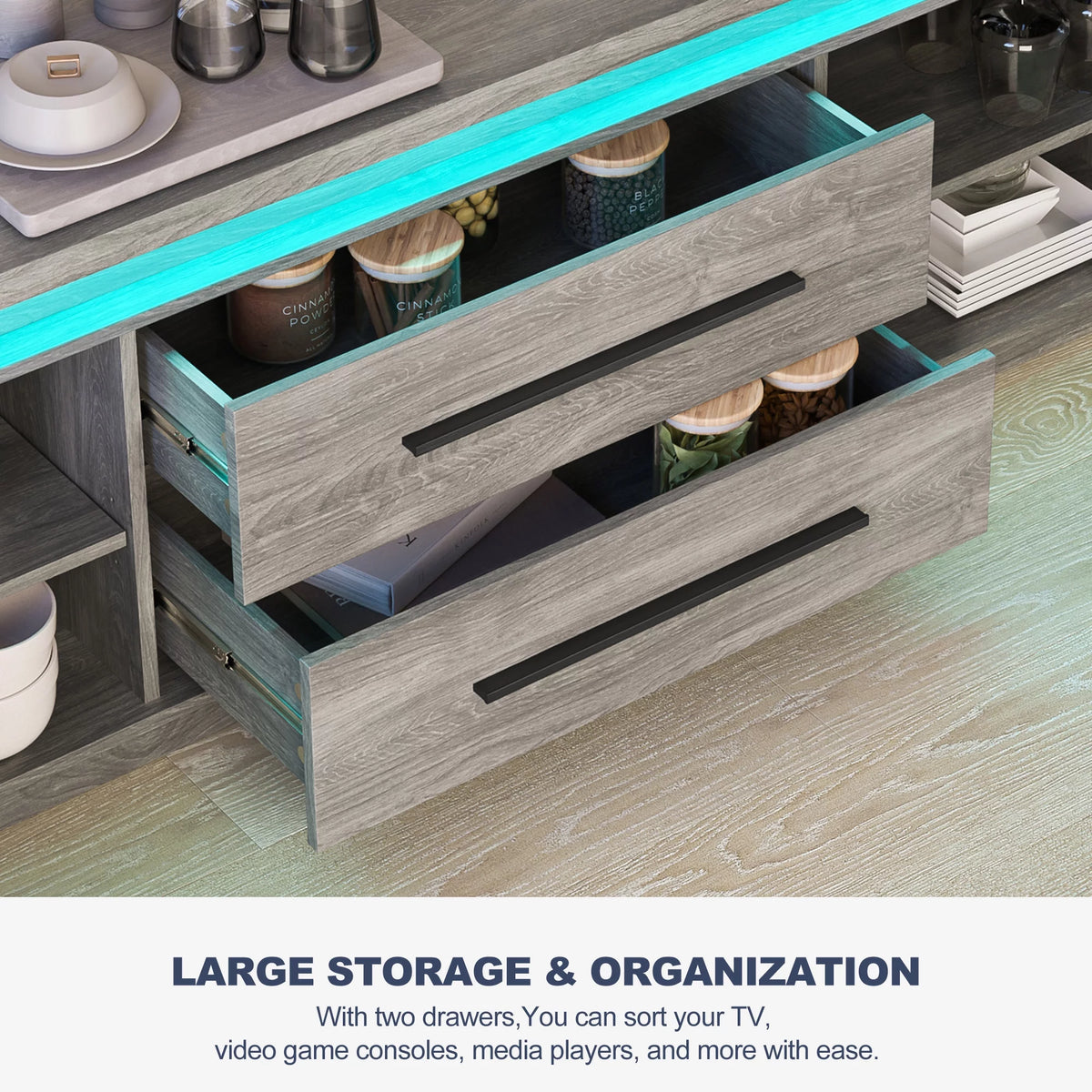 67" TV Stand with LED Lights and Cabinets V627