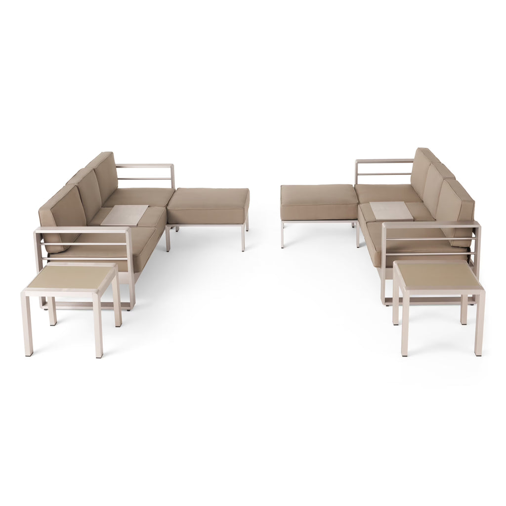 6 Seater Aluminum Sofa and Ottoman Set with Side Tables, Silver and Khaki B188