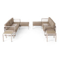 6 Seater Aluminum Sofa and Ottoman Set with Side Tables, Silver and Khaki B188