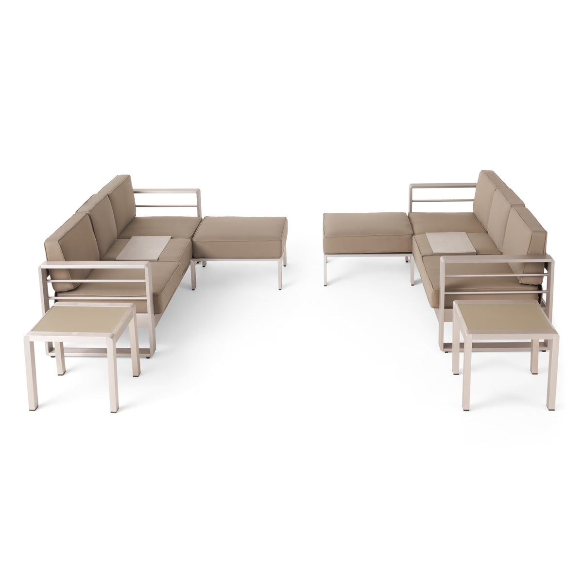 6 Seater Aluminum Sofa and Ottoman Set with Side Tables, Silver and Khaki B188