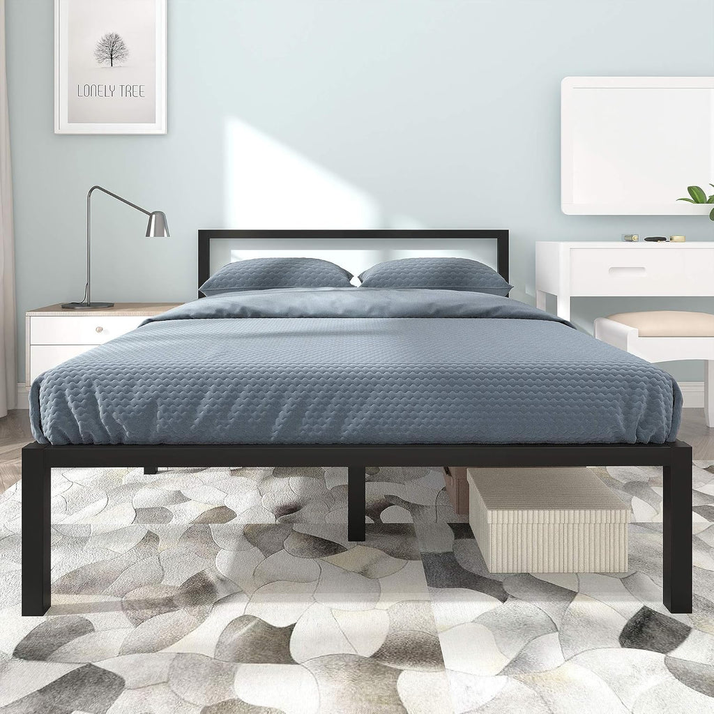 Full Size Black Metal Platform Bed Frame with Headboard Y89521