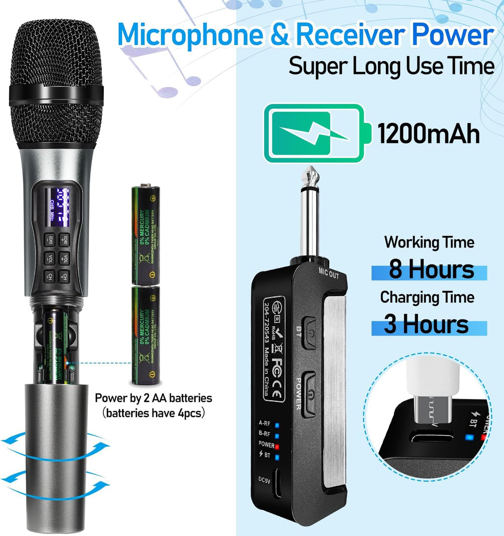 Wireless Handheld Dynamic Cordless Microphone with Rechargeable Bluetooth Receiver, UHF 200 FT Range, 6.5mm/3.5mm Output M9405
