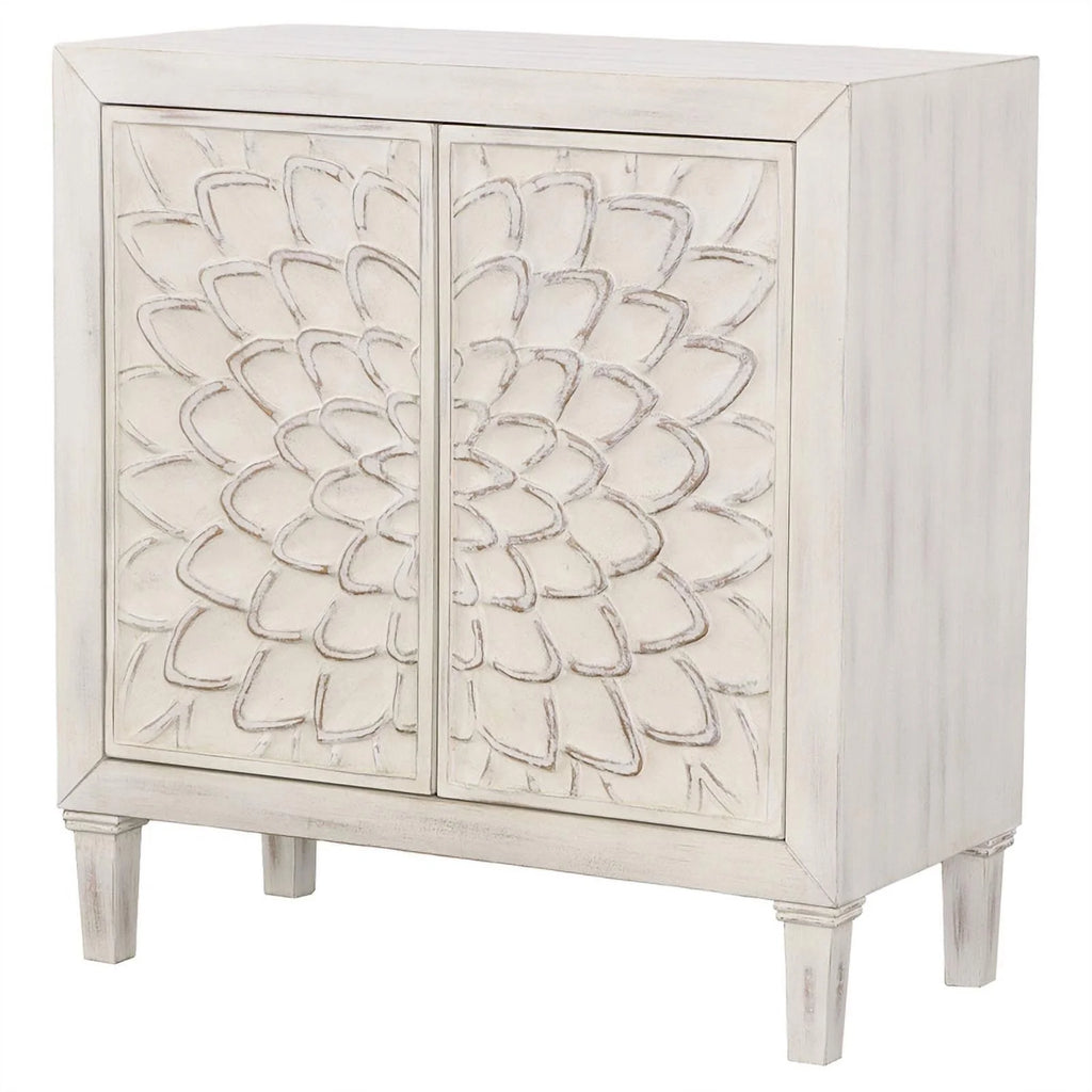 White Wood Accent Cabinet with Floral Carved Door E7103