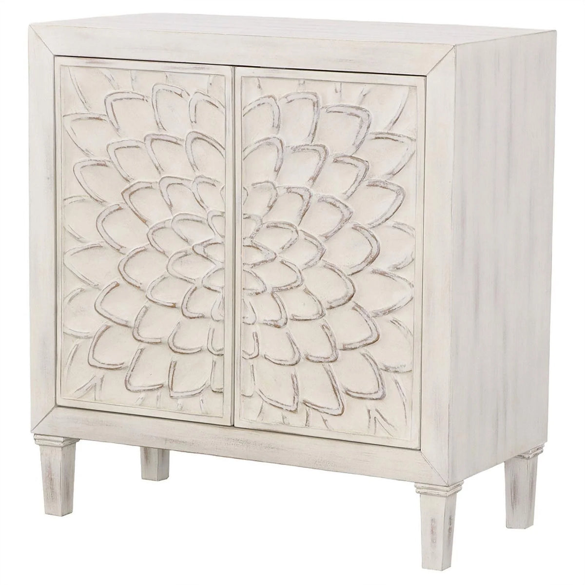 White Wood Accent Cabinet with Floral Carved Door E7103