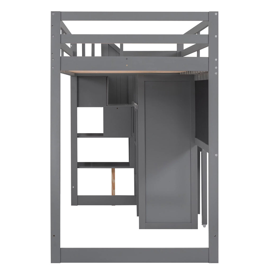 Grey Twin Size Wood Loft Bed with Desk and Storage I8250