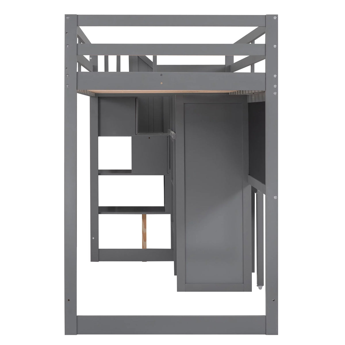Grey Twin Size Wood Loft Bed with Desk and Storage I8250