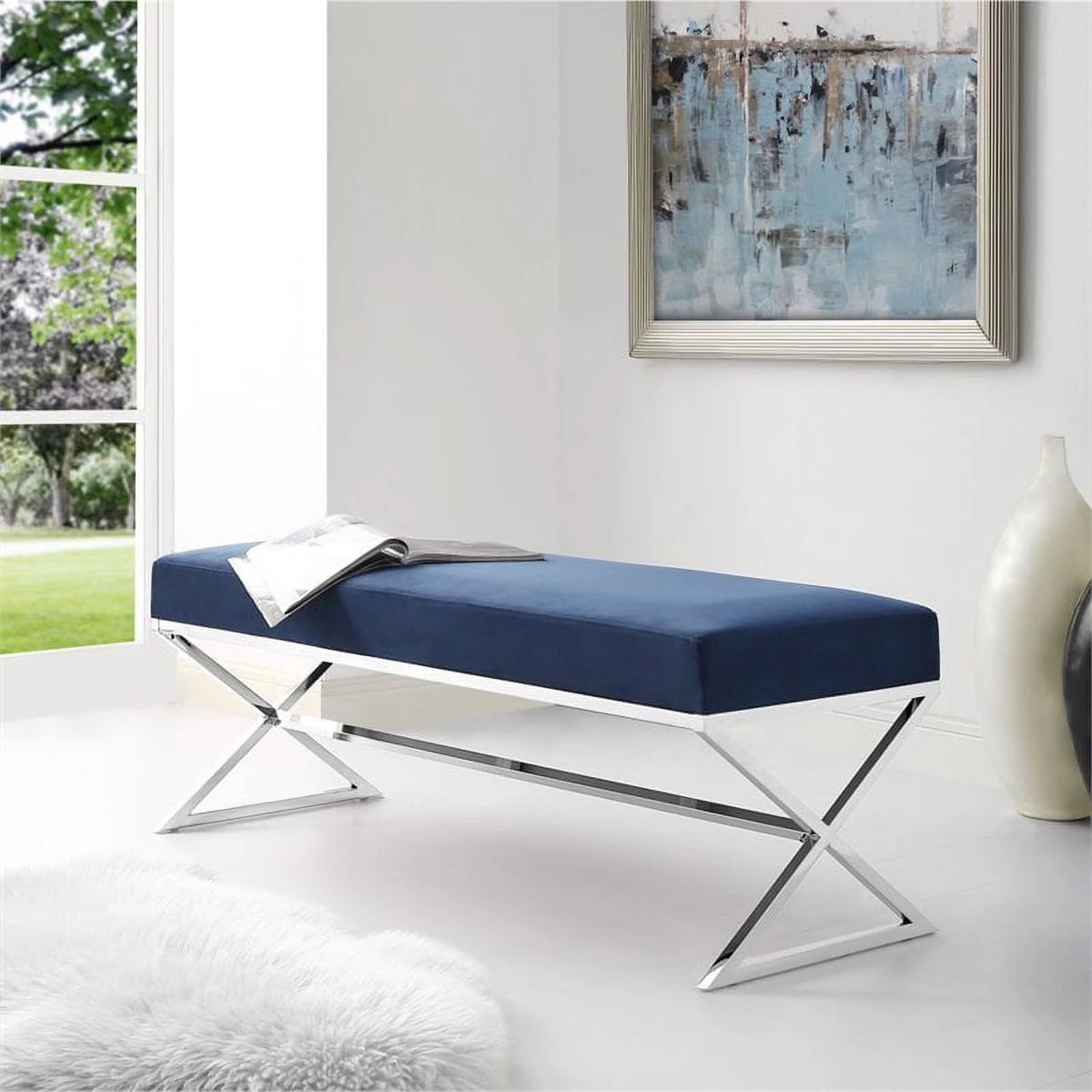 Blue Velvet Upholstered Bench with Stainless Steel Legs Z299