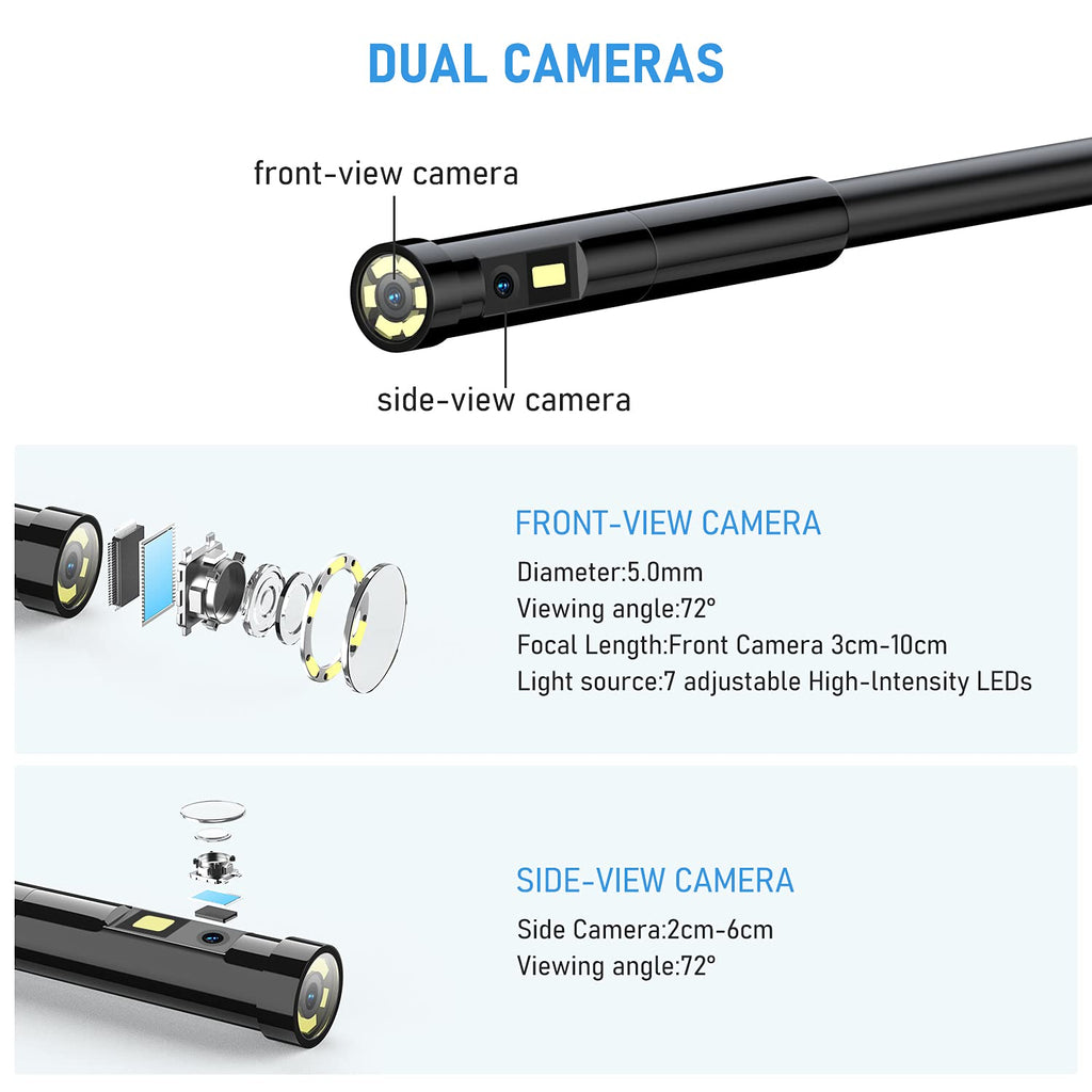 Dual Lens Endoscope Camera 1080P 5.18 IPS Screen 5mm IP67 Waterproof Snake Camera with 7 LED Lights 32GB Card 16.5FT T873847