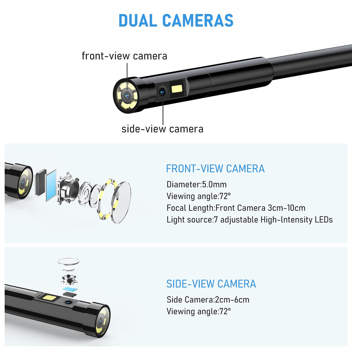 Dual Lens Endoscope Camera 1080P 5.18 IPS Screen 5mm IP67 Waterproof Snake Camera with 7 LED Lights 32GB Card 16.5FT T873847