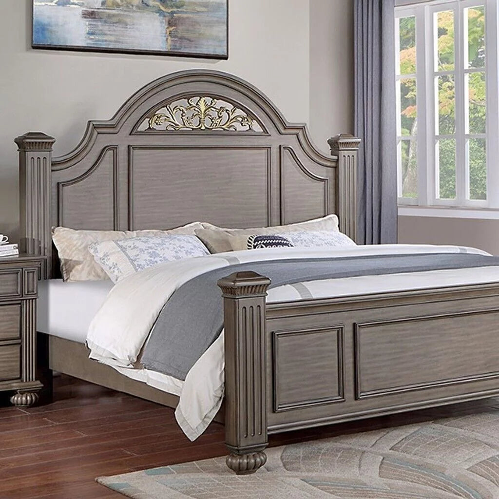 Queen Size Gray Solid Wood Bed with Headboard N699
