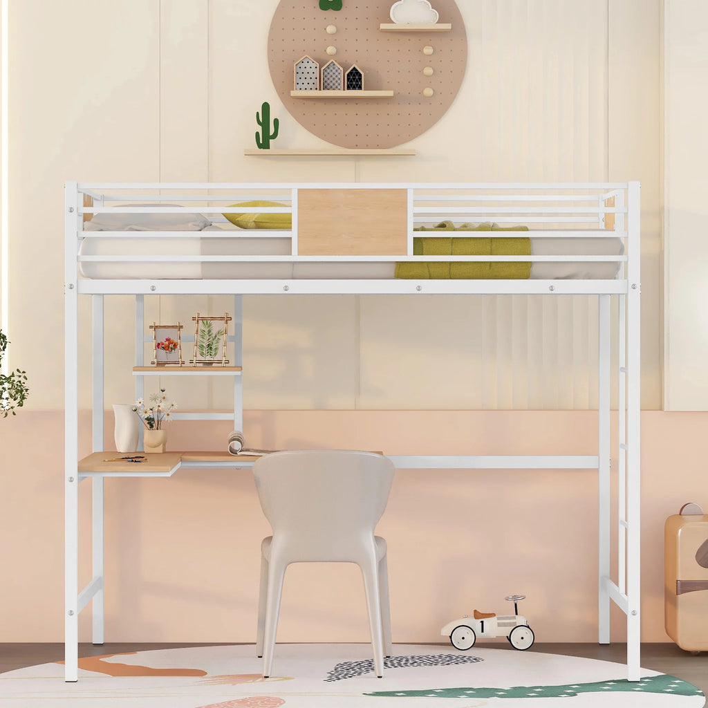 Metal Loft Bed with Desk and Shelve White G319