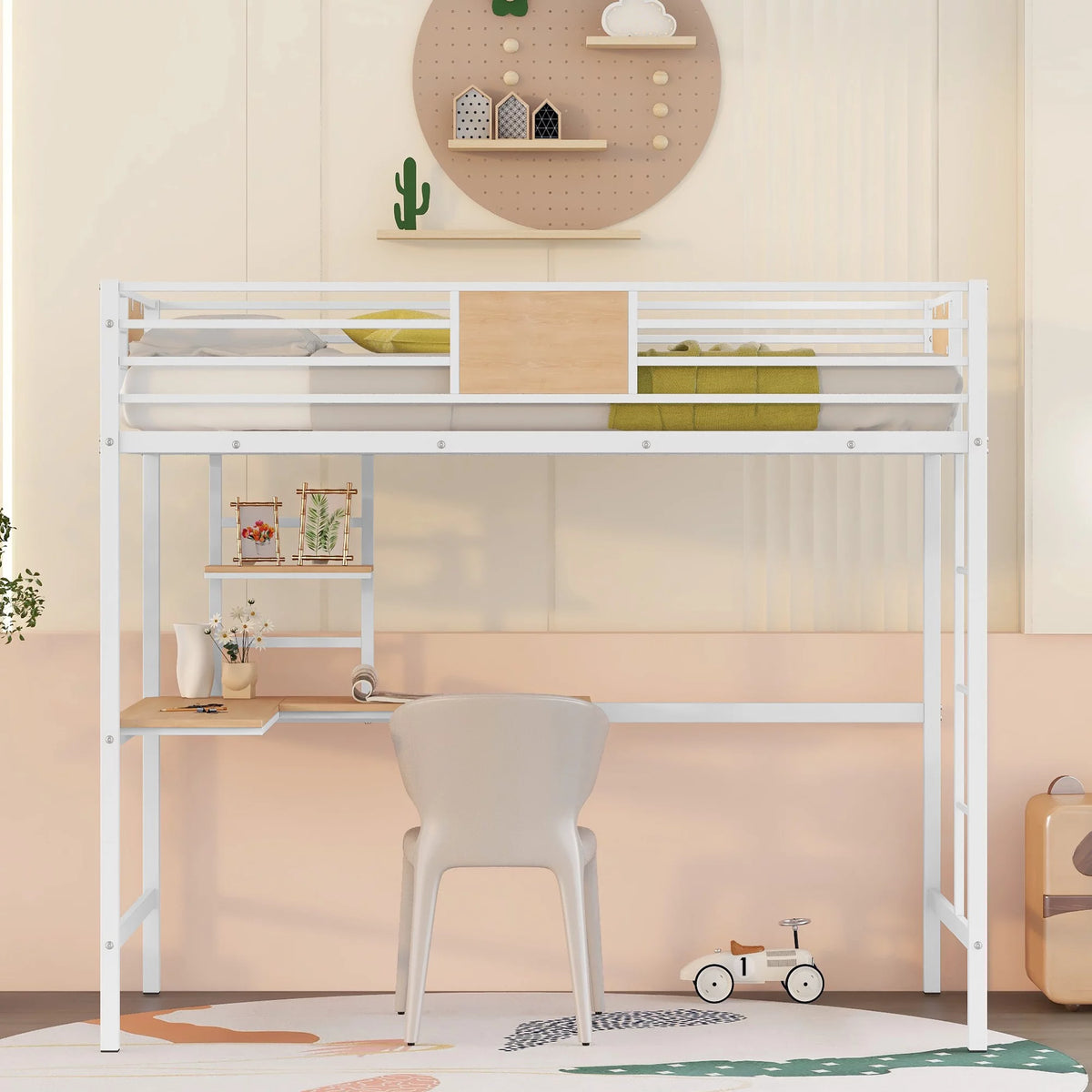 Metal Loft Bed with Desk and Shelve White G319