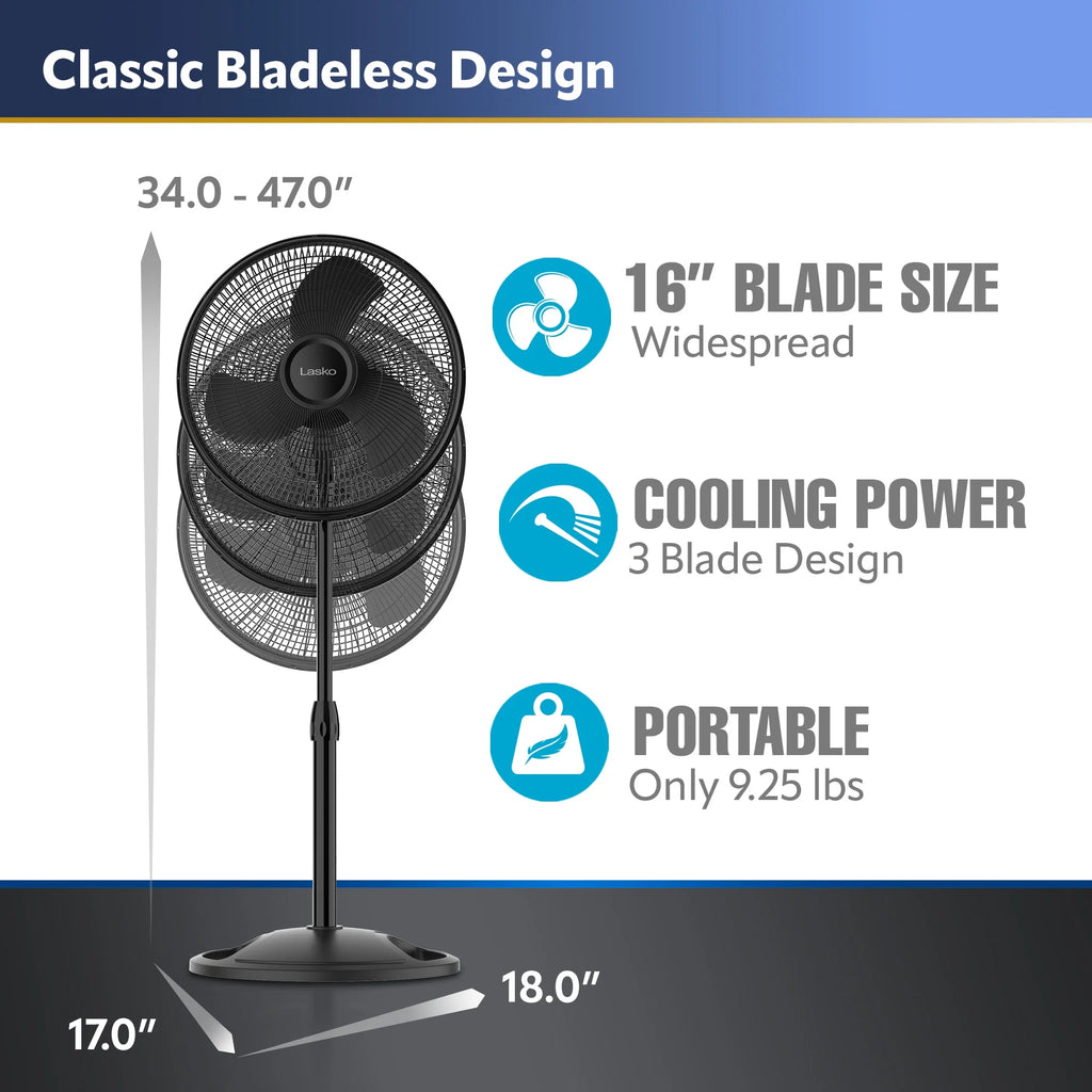 16 Oscillating Adjustable Pedestal Fan with 3-Speeds, Black S8532
