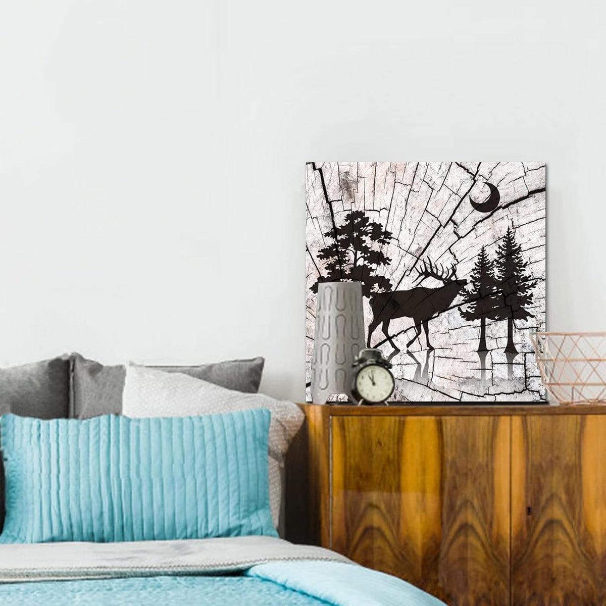 Deer in Forest Canvas Print Black Silhouette Vintage Wood Style Stretched and Framed G368