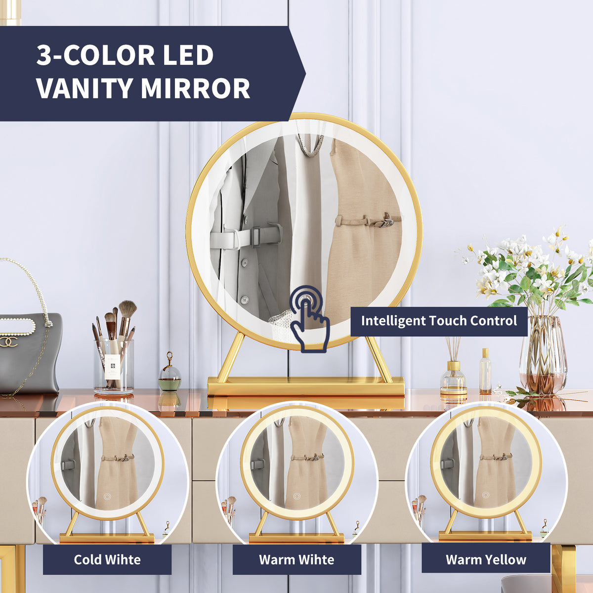 Vanity Set with LED Light Mirror, Drawers, Dressing Table and Chair U621