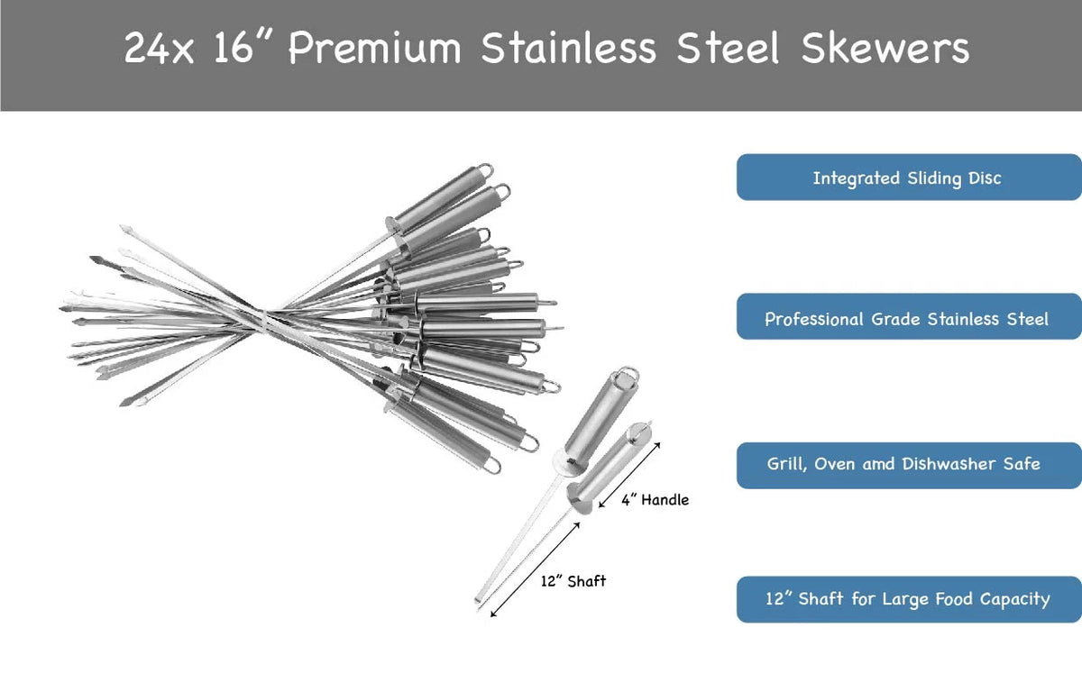 16" Stainless Steel BBQ Skewers 24-Pack W7146