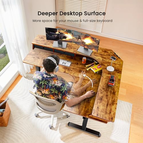 Electric L Shaped Standing Desk, 65'' Height Adjustable Corner Desk with Storage Drawers, Black O855323